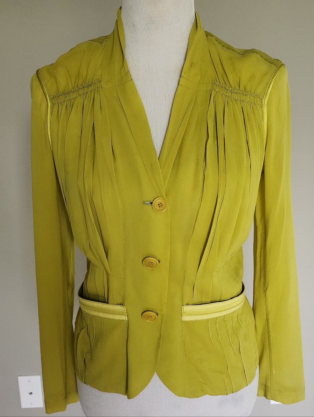 Donna Karen Women’s Chartreuse Pleated Button-Front Jacket Unlined US 8